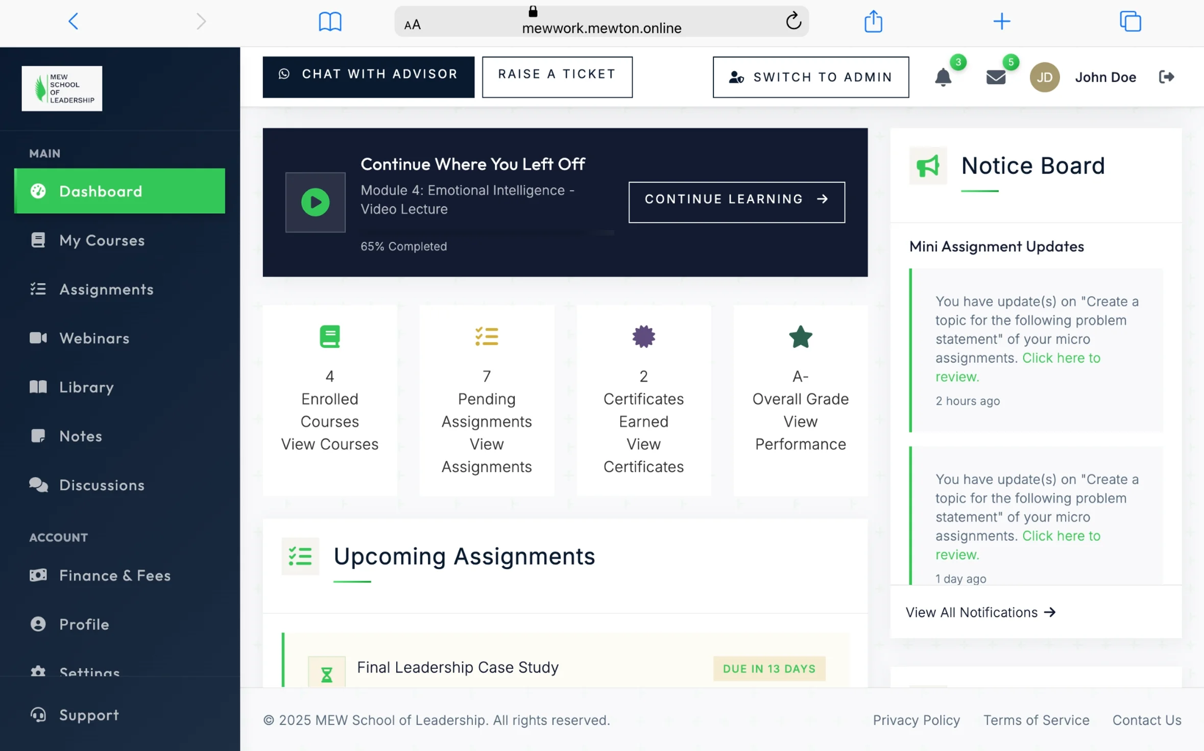 Full Stack Ed Tech Platform for MEW School of Leadership in Dubai